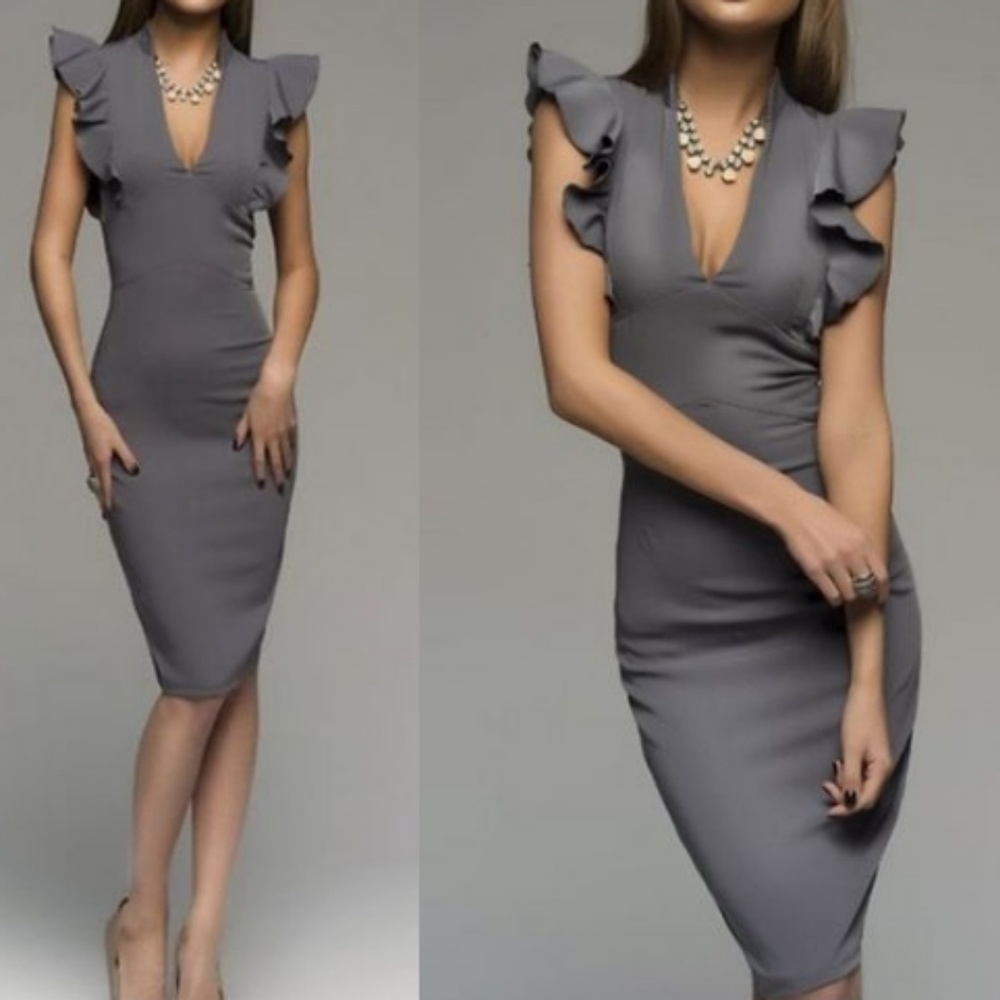 V Neck Ruffle Bodycon Midi Dress | Coming Soon - Picture 2 of 3